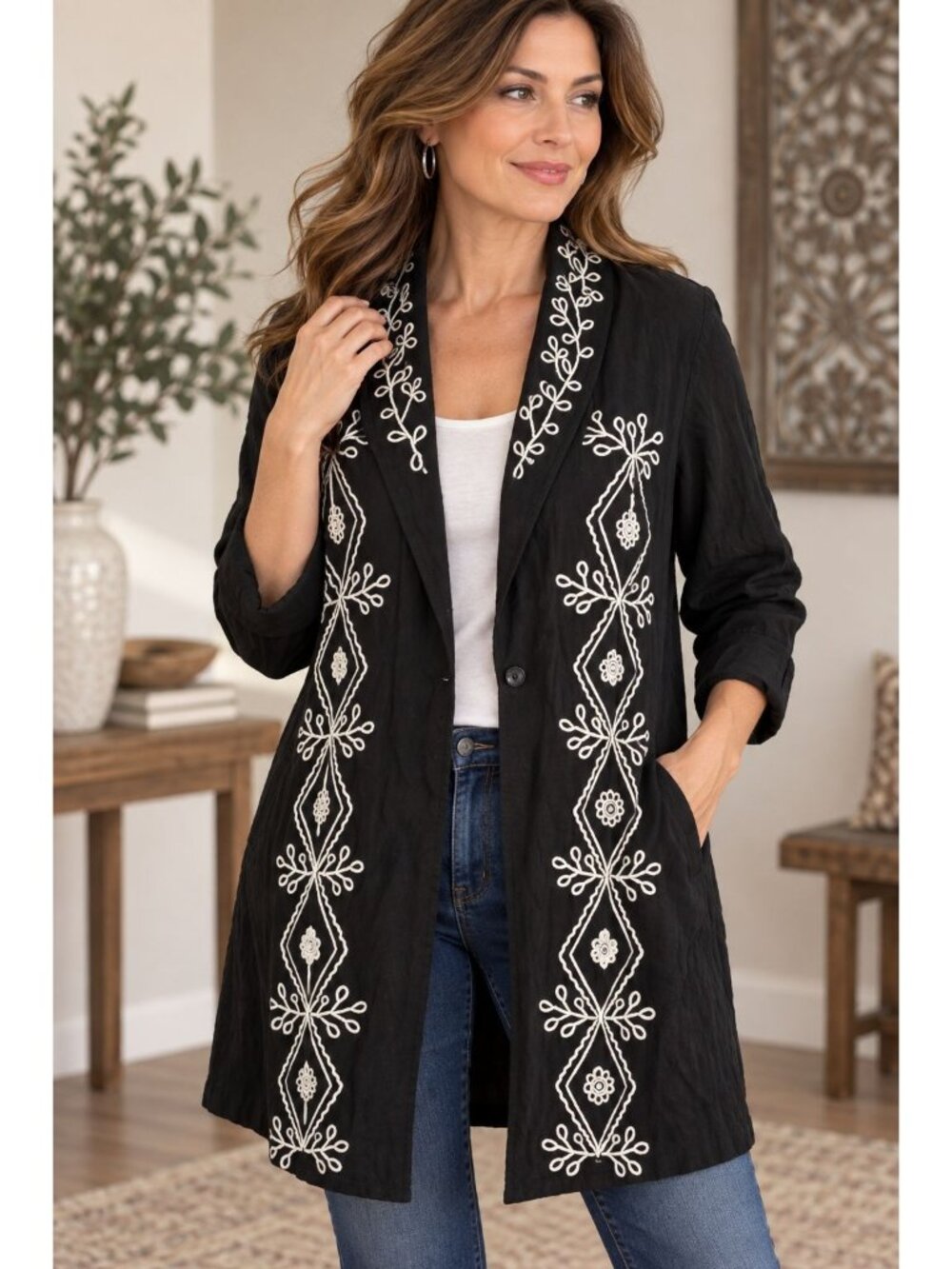 Original Anthony black lightweight jacket  white geometric and floral folk Sz M